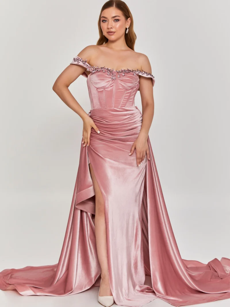 Scarlett Off Shoulder Maxi Velvet Regular Engagement Dress dns3488