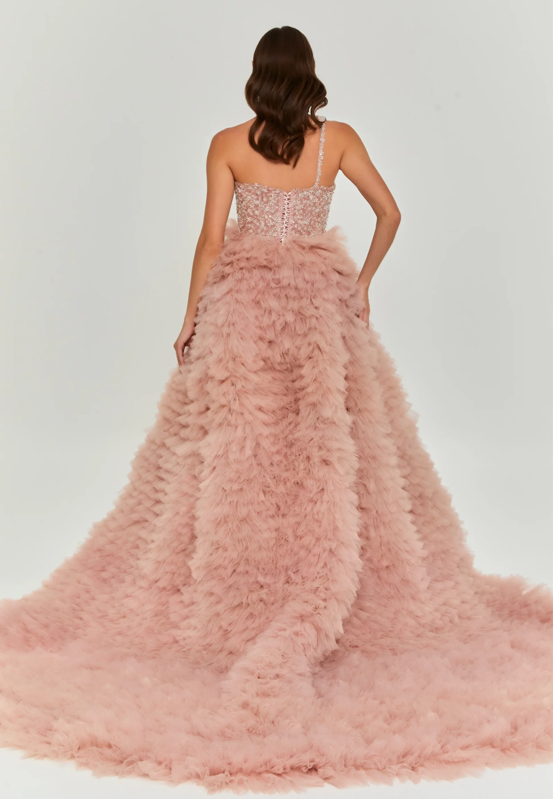 Luna One Shoulder High-Low Tulle Regular Engagement Dress dns3699 - Image 3