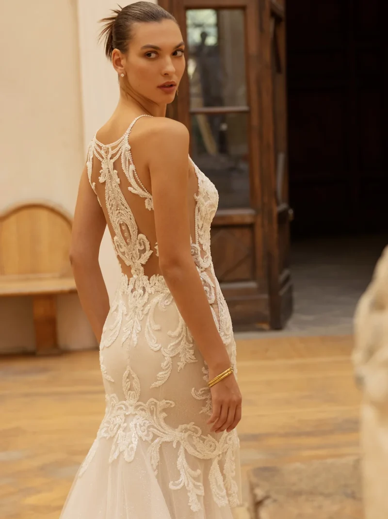 High-Neck Lace Gown with Overskirt