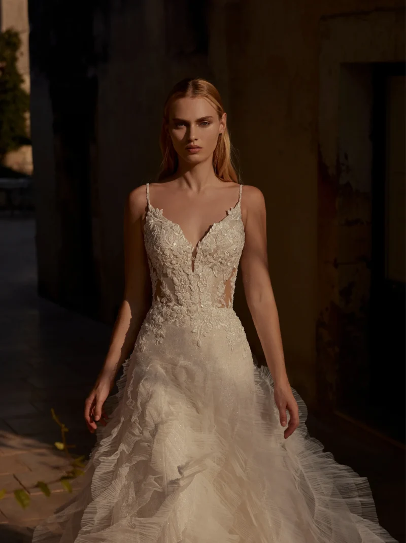 V-Neck Lace Bridal Gown with Ruffled Skirt